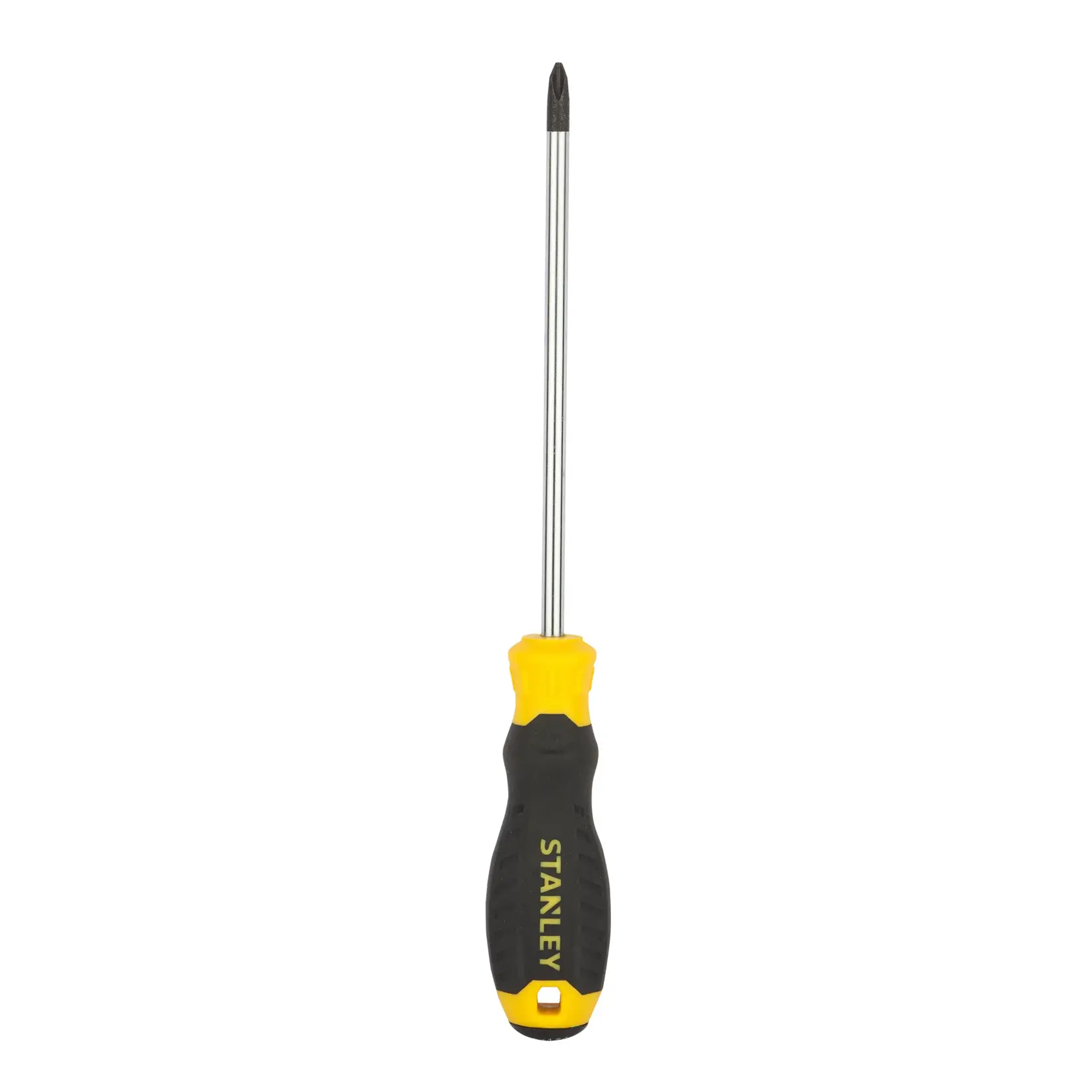 STANLEY STMT60811-8 Phillips screwdriver with black and yellow handle, front angle, isolated on white background.