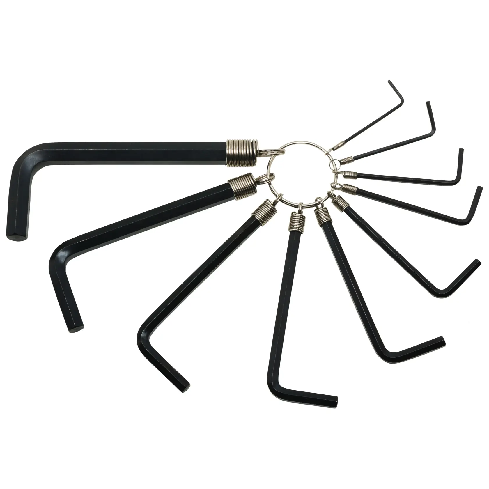 STANLEY STMT69213-8 black hex key set on metal key ring, top view, hand tool photography.