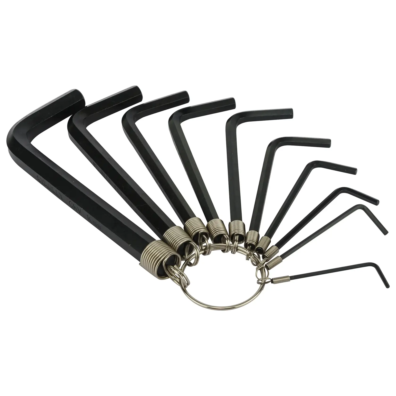 Set of black hex keys on a metal ring, various sizes, tool for tightening or loosening screws.