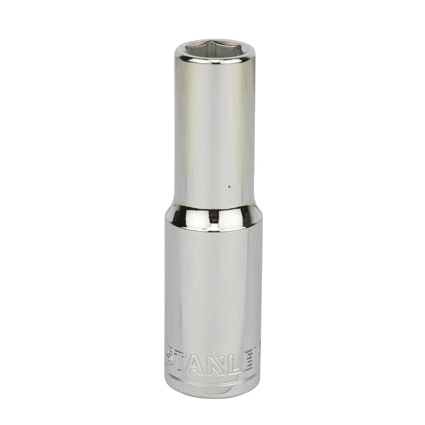 STANLEY STMT73326-8B chrome deep socket, tool accessory, upright front view on white background.
