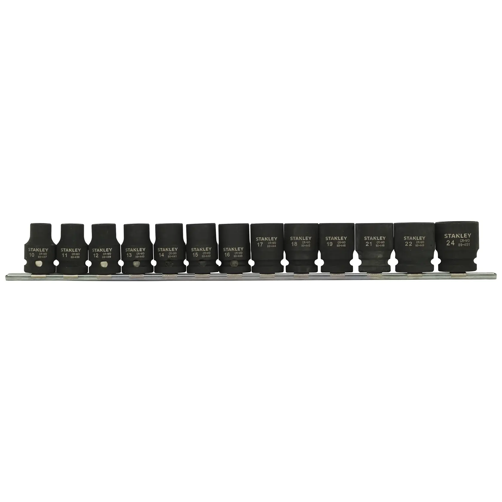 STANLEY STMT73916-8 socket set, black 14-piece metric sockets on metal rail, front view, hand tool set.