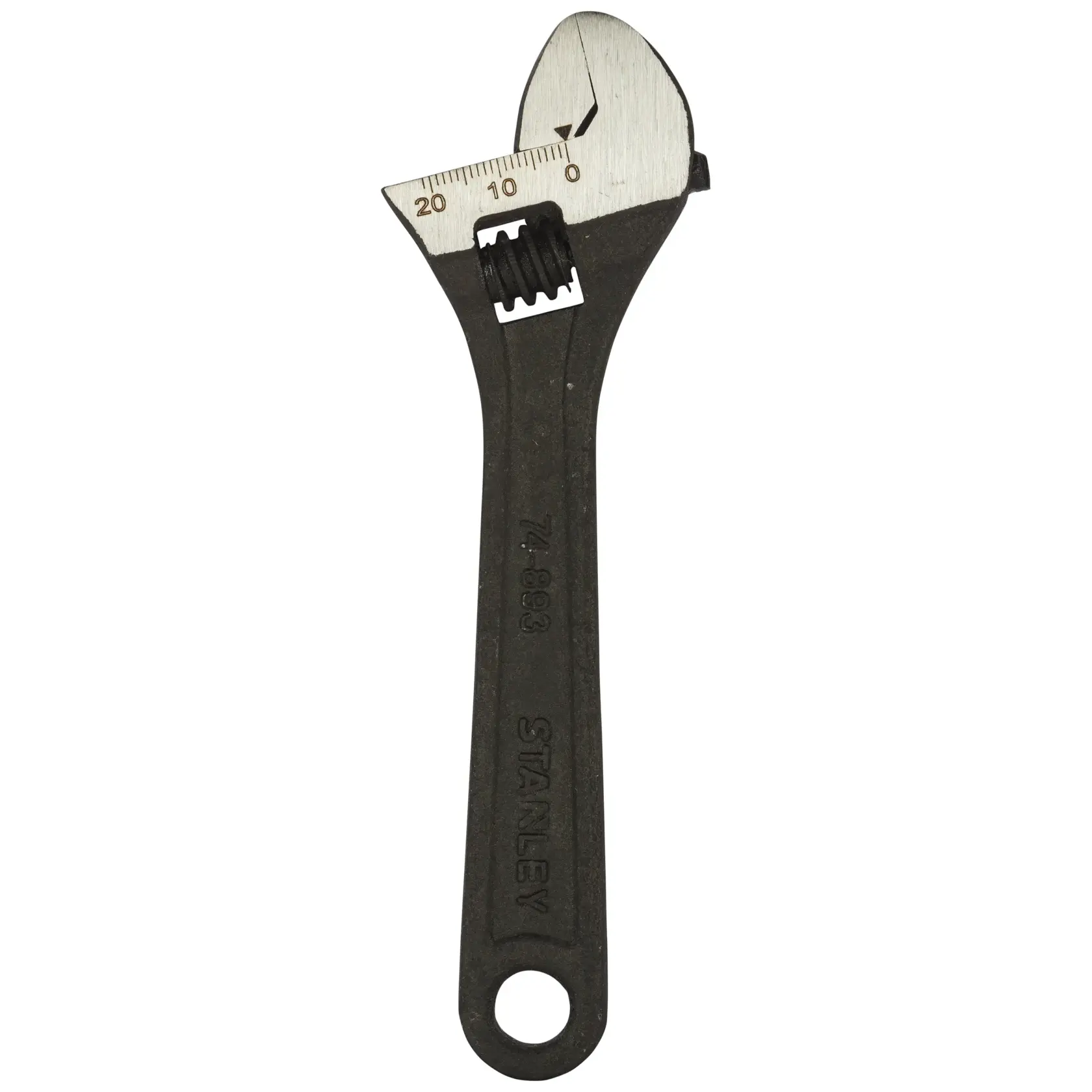 STANLEY STMT74893-8 adjustable wrench, black handle, front angle, hand tool for tightening nuts and bolts.
