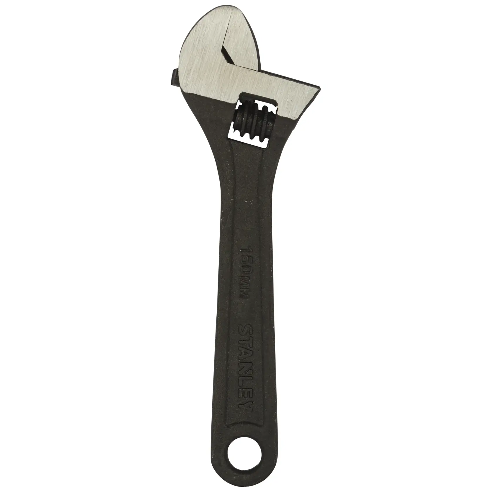 STANLEY STMT74893-8 adjustable wrench, photography on white background, black handle, silver jaw.