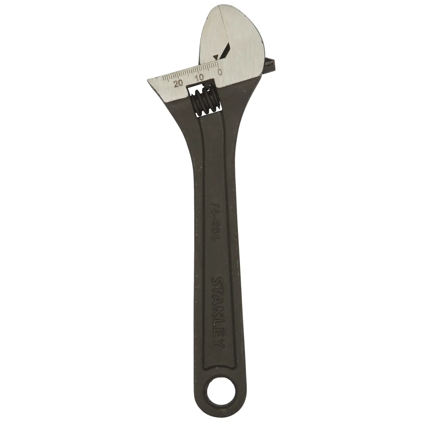 Stanley STMT74894-8 adjustable wrench, metal, front angle on white background.