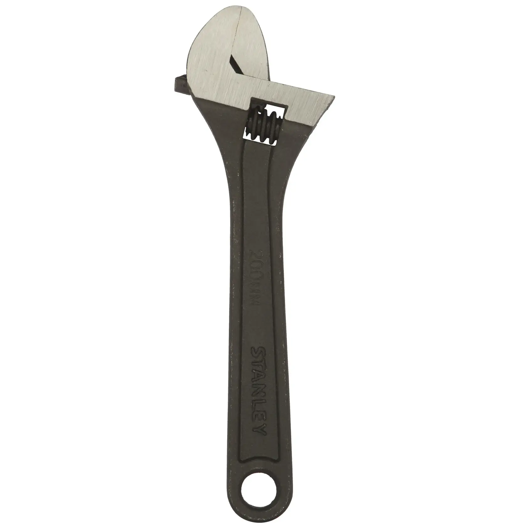 STANLEY STMT74894-8 adjustable wrench, black and silver hand tool, top view on white background.