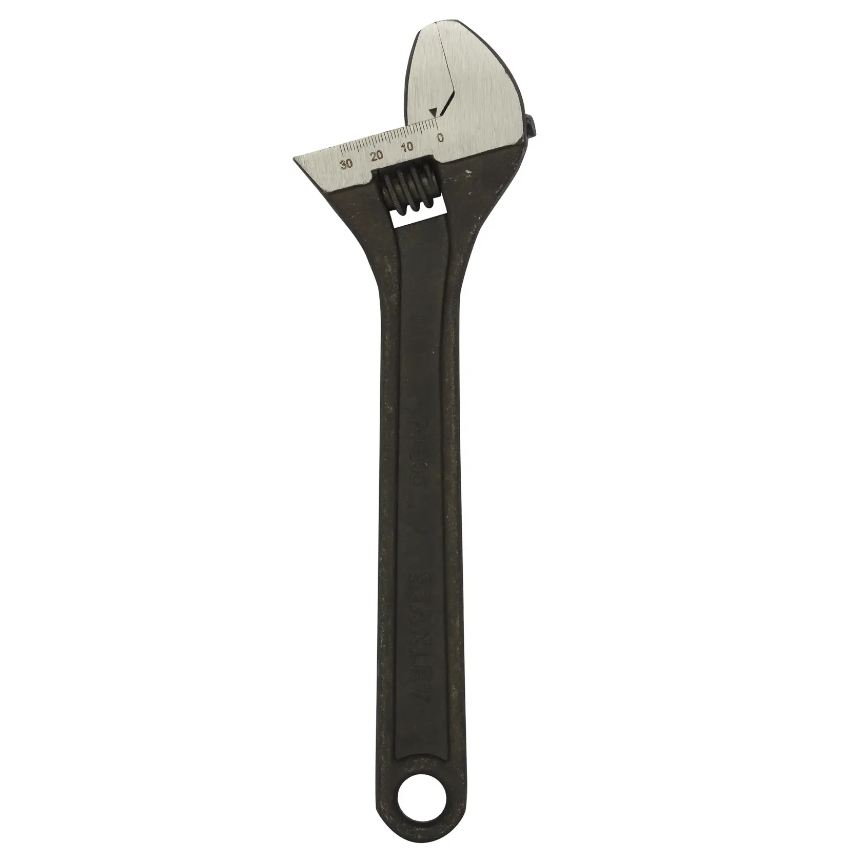 STANLEY STMT74895-8 adjustable wrench, black handle, front view, photography on white background.