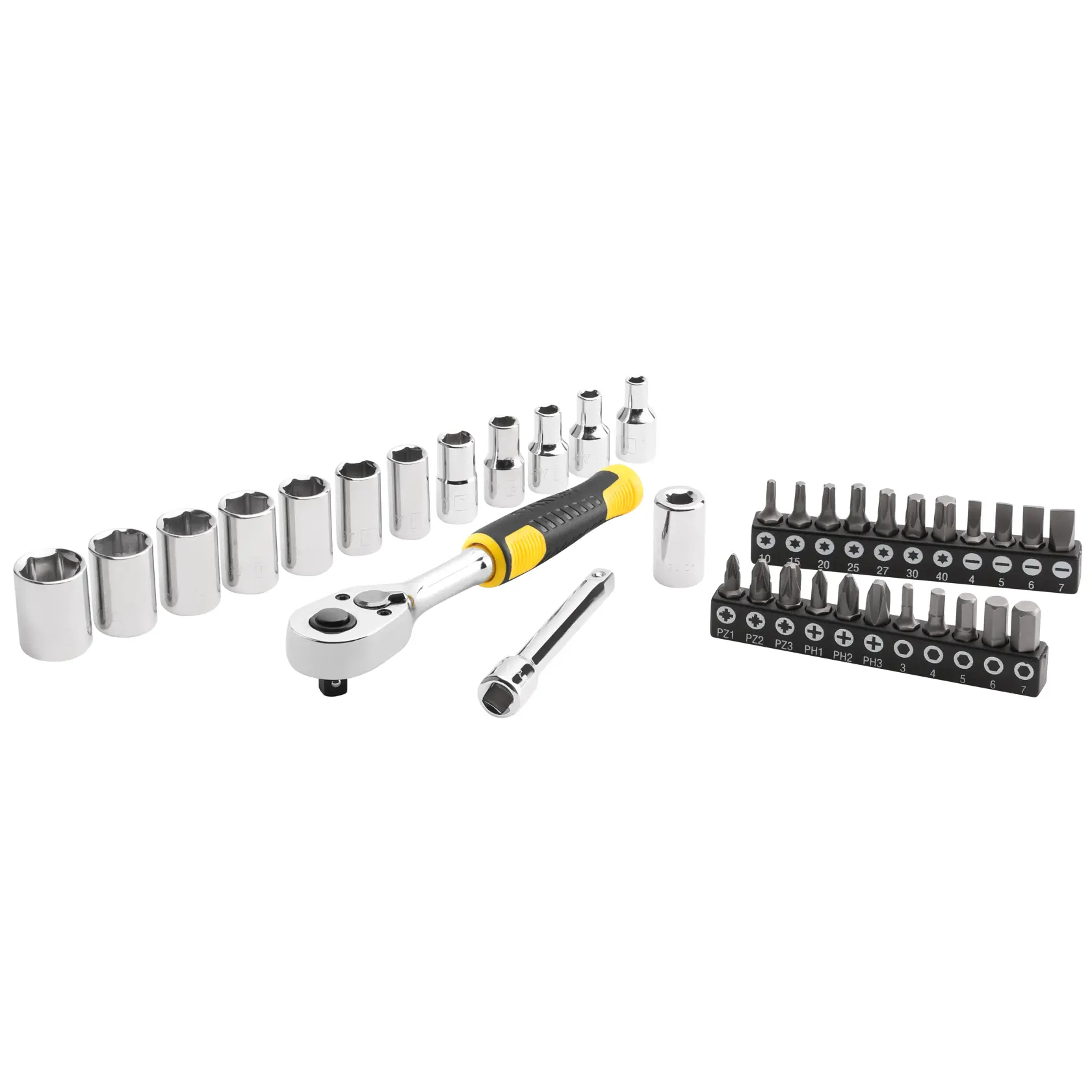STANLEY STMT82672-0 socket and bit set with ratchet handle, chrome sockets, bits, and extension on white background.