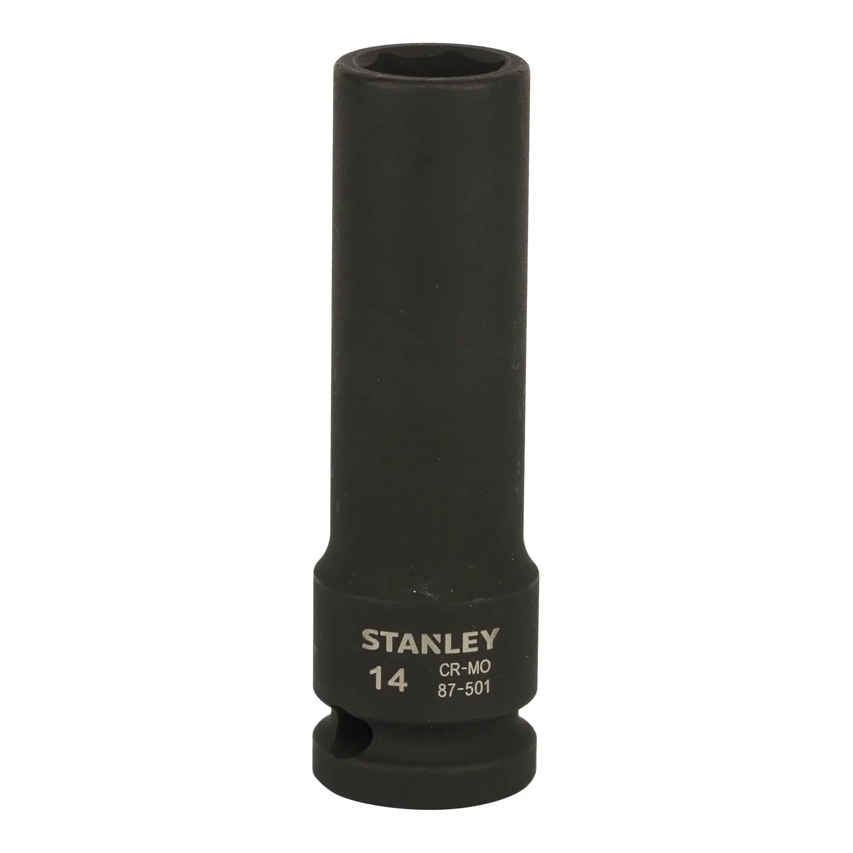 Photo of STANLEY STMT87501-8B black deep socket tool, front angle, tool category.
