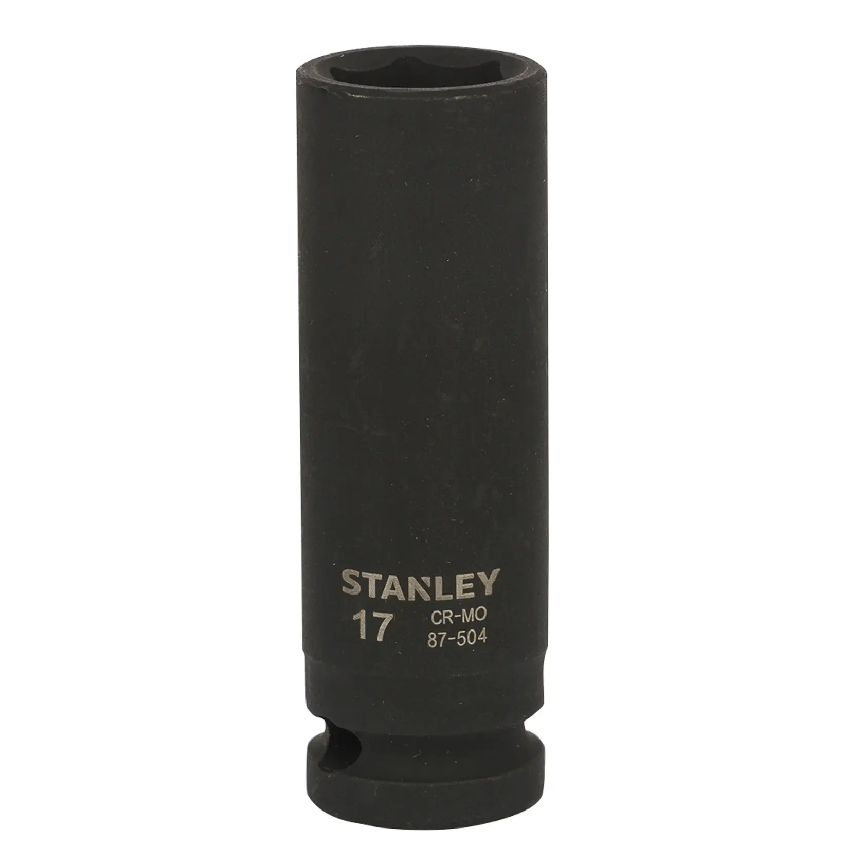 STANLEY STMT87504-8B black deep impact socket, 17mm, straight angle, tool photography.