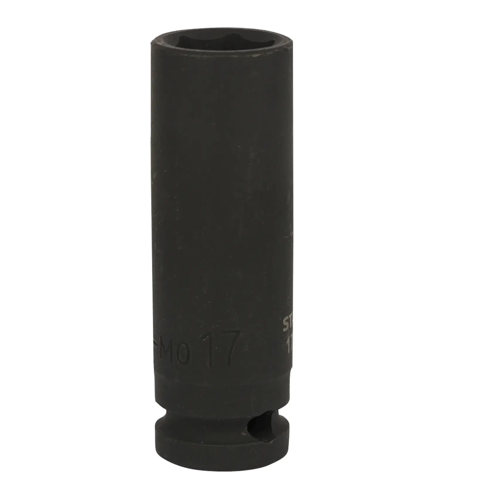 STANLEY STMT87504-8B black deep impact socket, cylindrical, photographed upright on white background.