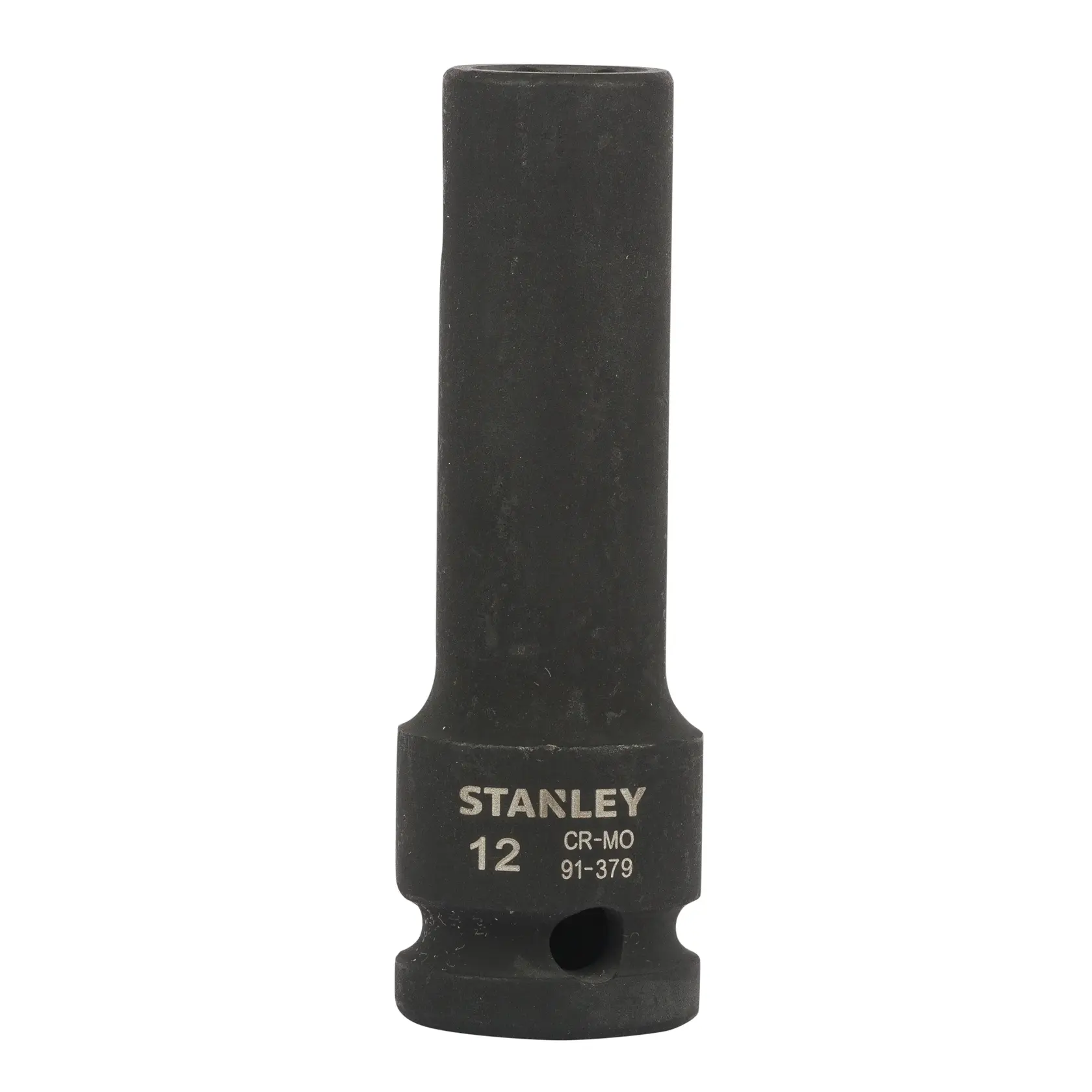 STANLEY STMT91379-8B black deep socket tool, front view, with etched size and brand markings.