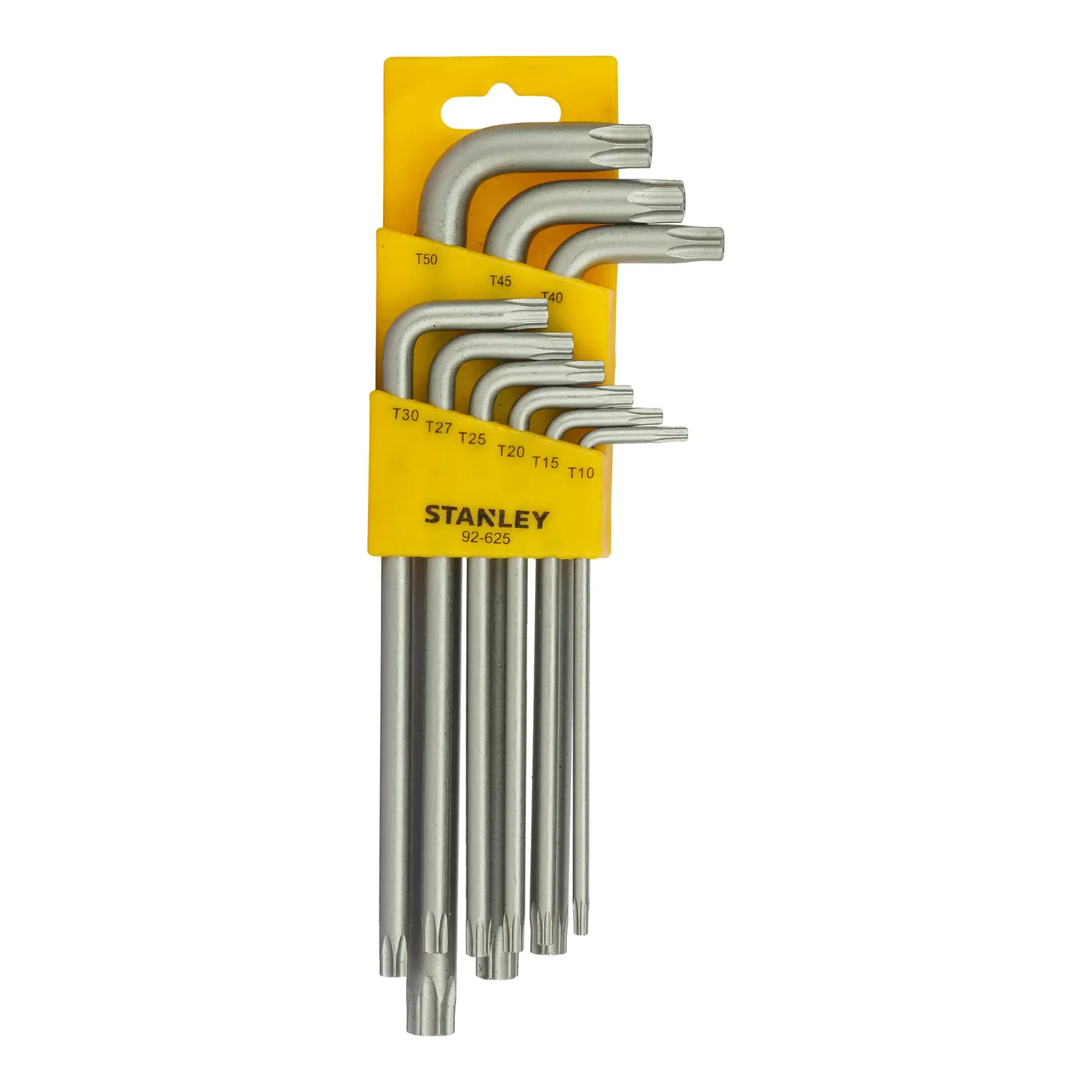 Stanley set of nine Torx L-shaped keys in a yellow holder with sizes labeled T10-T50.