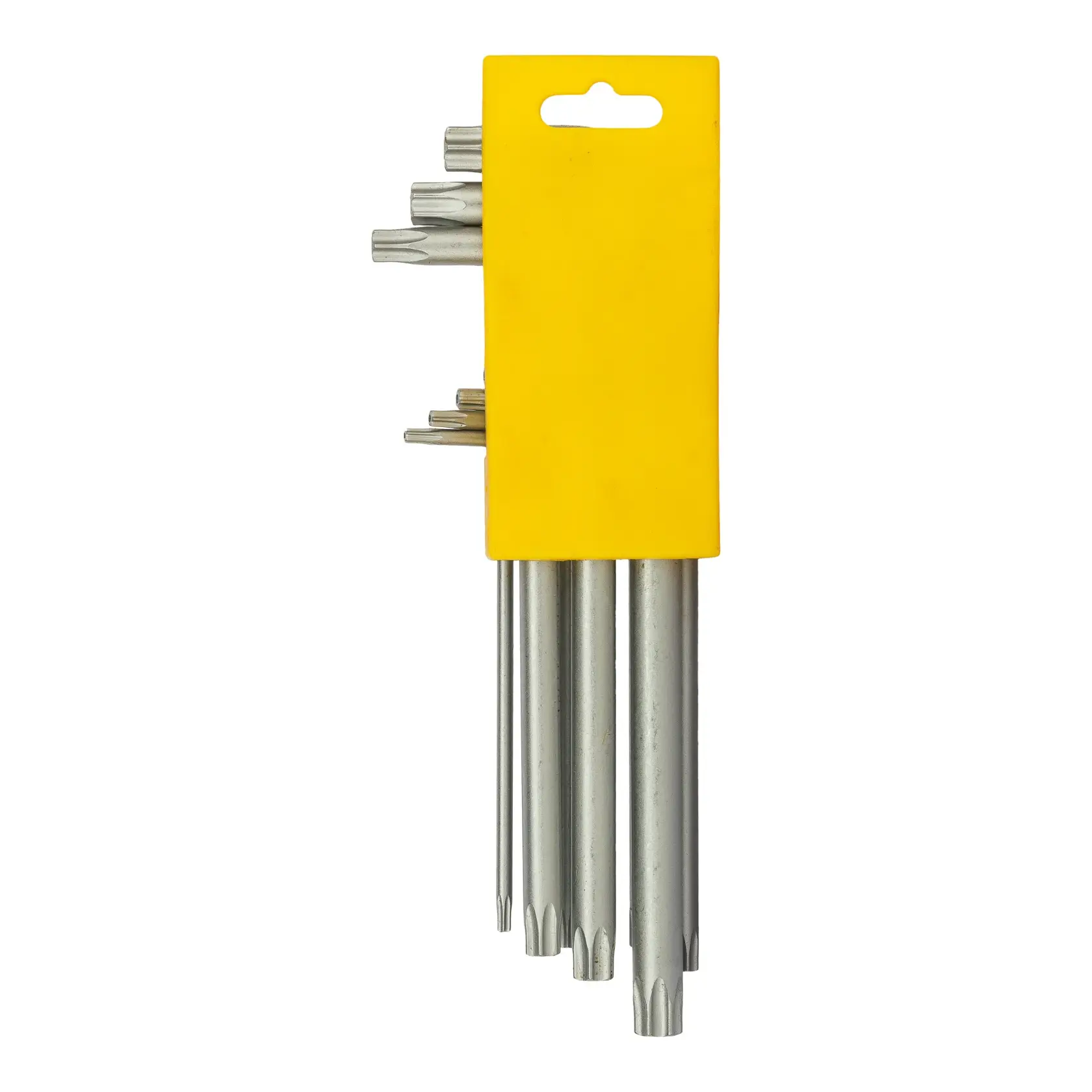 Set of metal torx keys with a yellow holder, used for screwdriving or maintenance tasks.