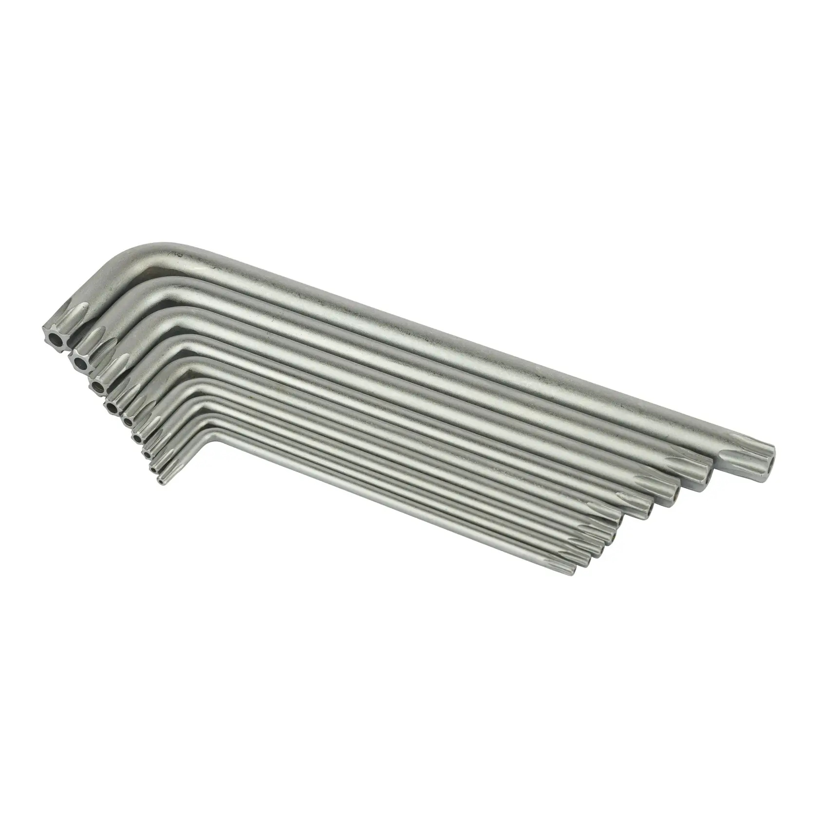 Set of nine metal L-shaped torx keys, organized by size and used for fastening torx screws.