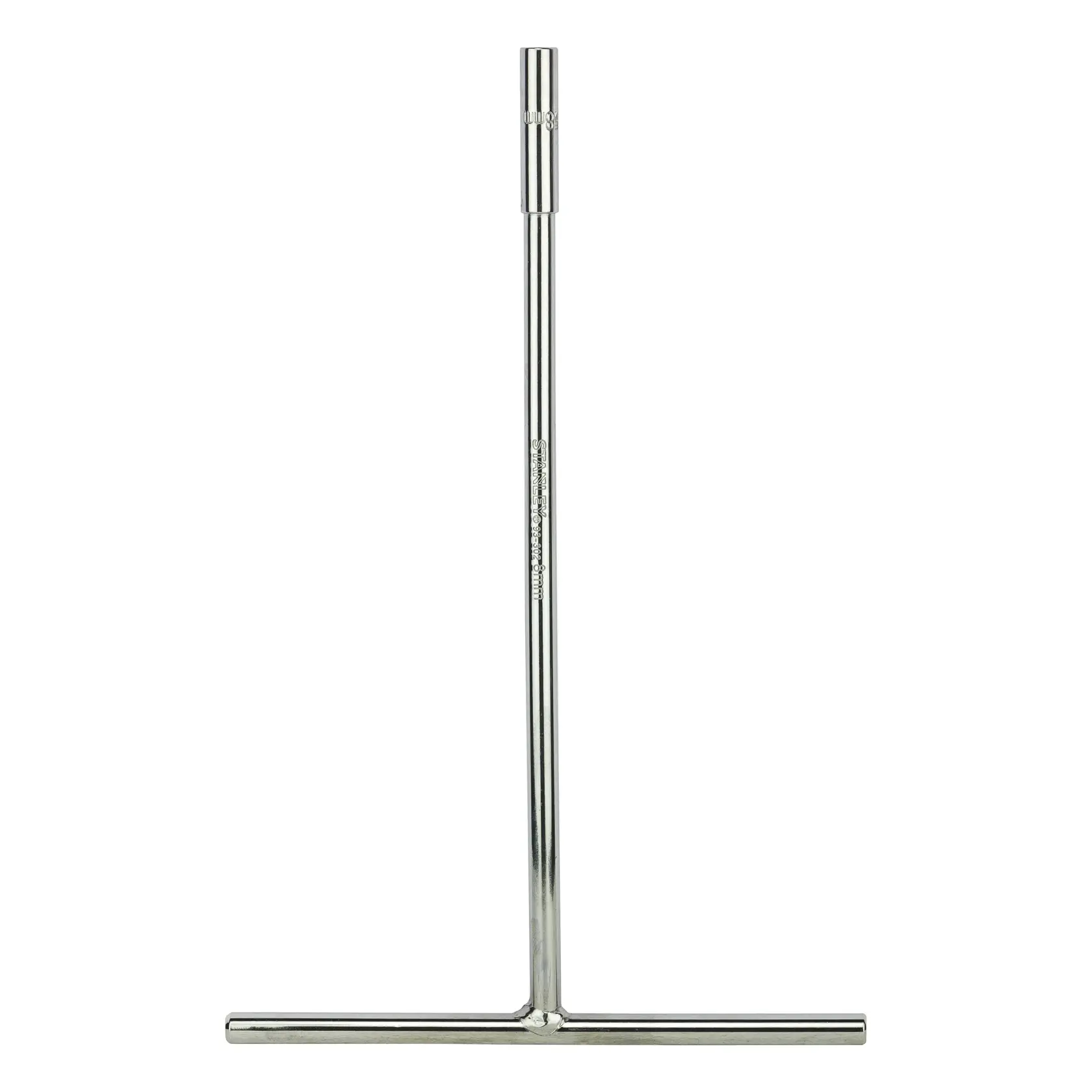 Metal T-handle socket wrench tool with chrome finish for tightening bolts and nuts.
