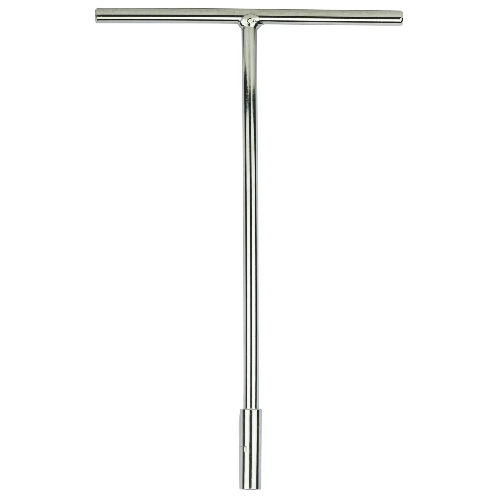 Metal T-handle socket wrench for tightening or loosening nuts and bolts, shown on a white background.