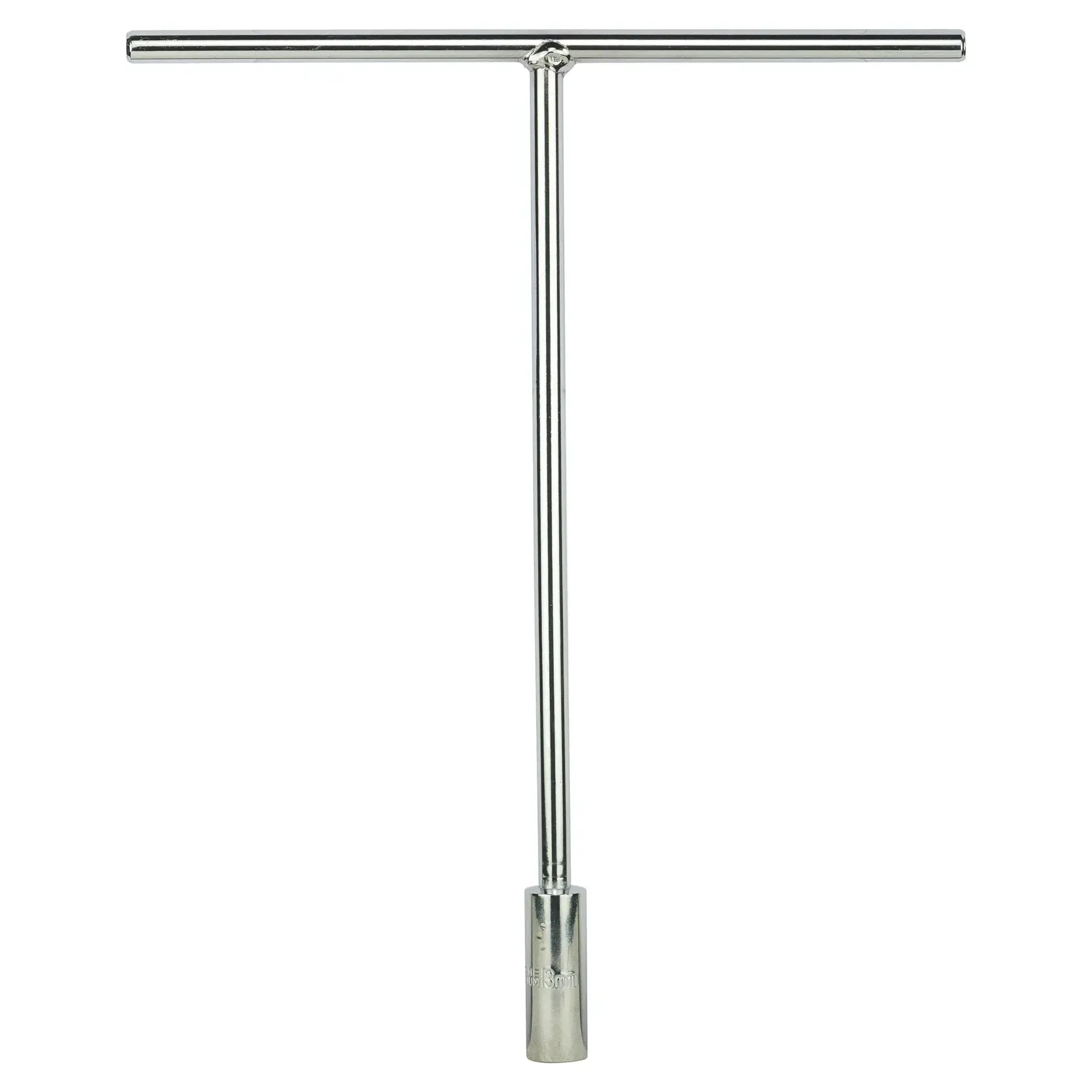 Metal T-handle socket wrench with a long shaft and horizontal bar for grip, used for tightening or loosening bolts.