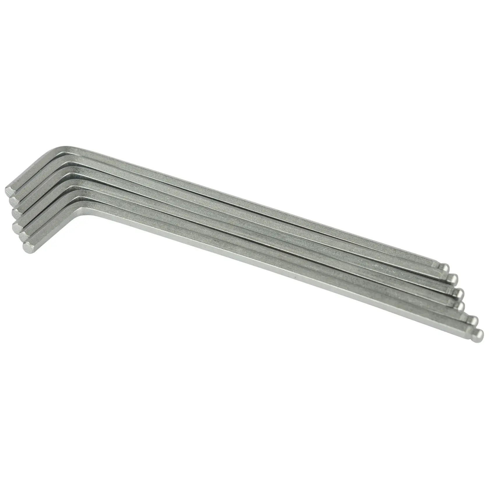 Photo of STANLEY hex key set STMT94102-8, six silver L-shaped wrenches on white background.