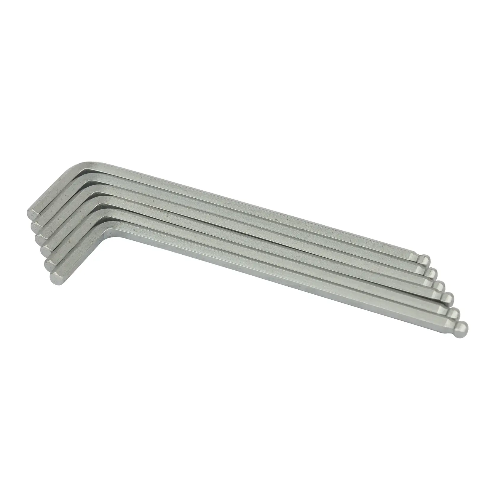 STANLEY STMT94103-8 hex key set, six silver L-shaped wrenches, angled view on white background.