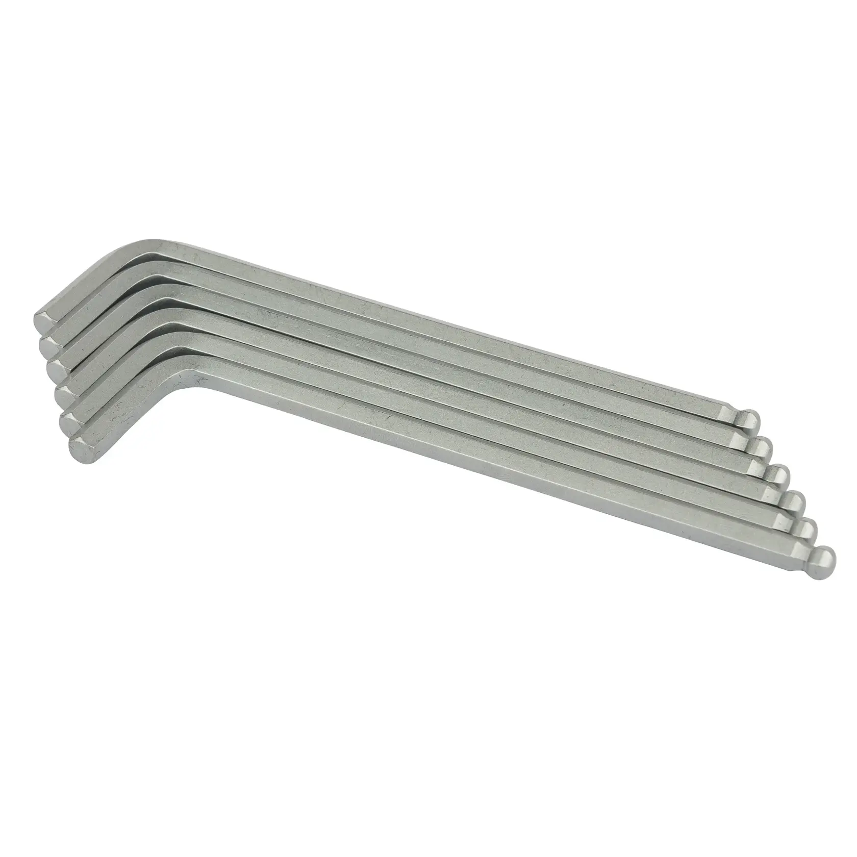 STANLEY STMT94106-8 silver hex key set, angled stack, photography on white background.