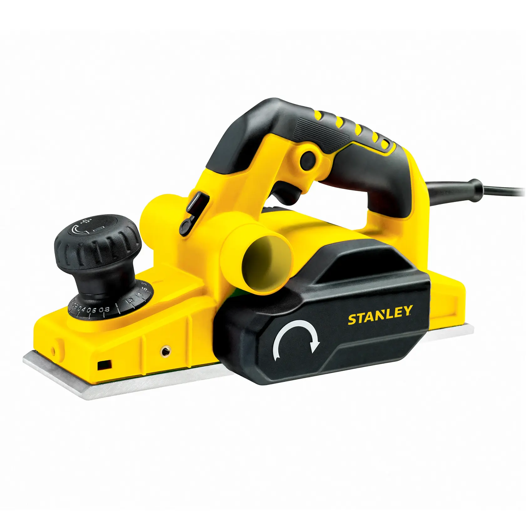 STANLEY STPP7502-B2 electric planer with black and yellow body, front knob, and top handle, side angle on white.