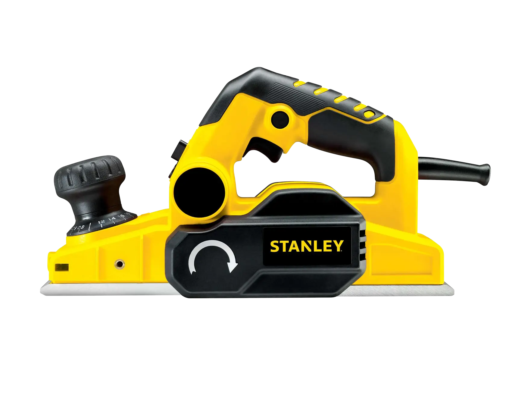 STANLEY STPP7502-B2 electric planer in yellow and black, side view on white background.