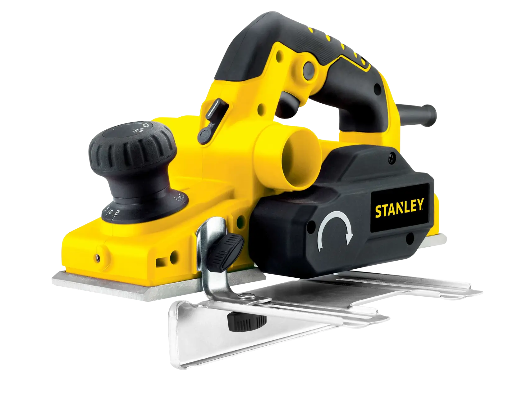 Photo of STANLEY STPP7502-B2 yellow and black electric planer, side angle on white background.