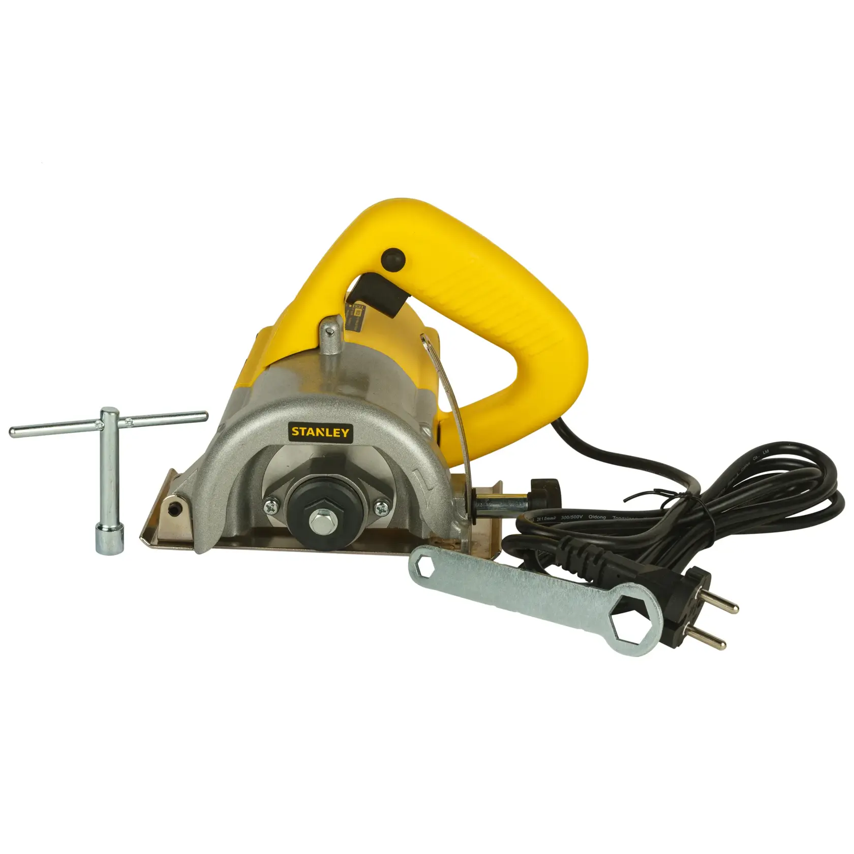 Photo of STANLEY STSP110 circular saw with yellow handle, power cord, and two metal wrenches, front angle.