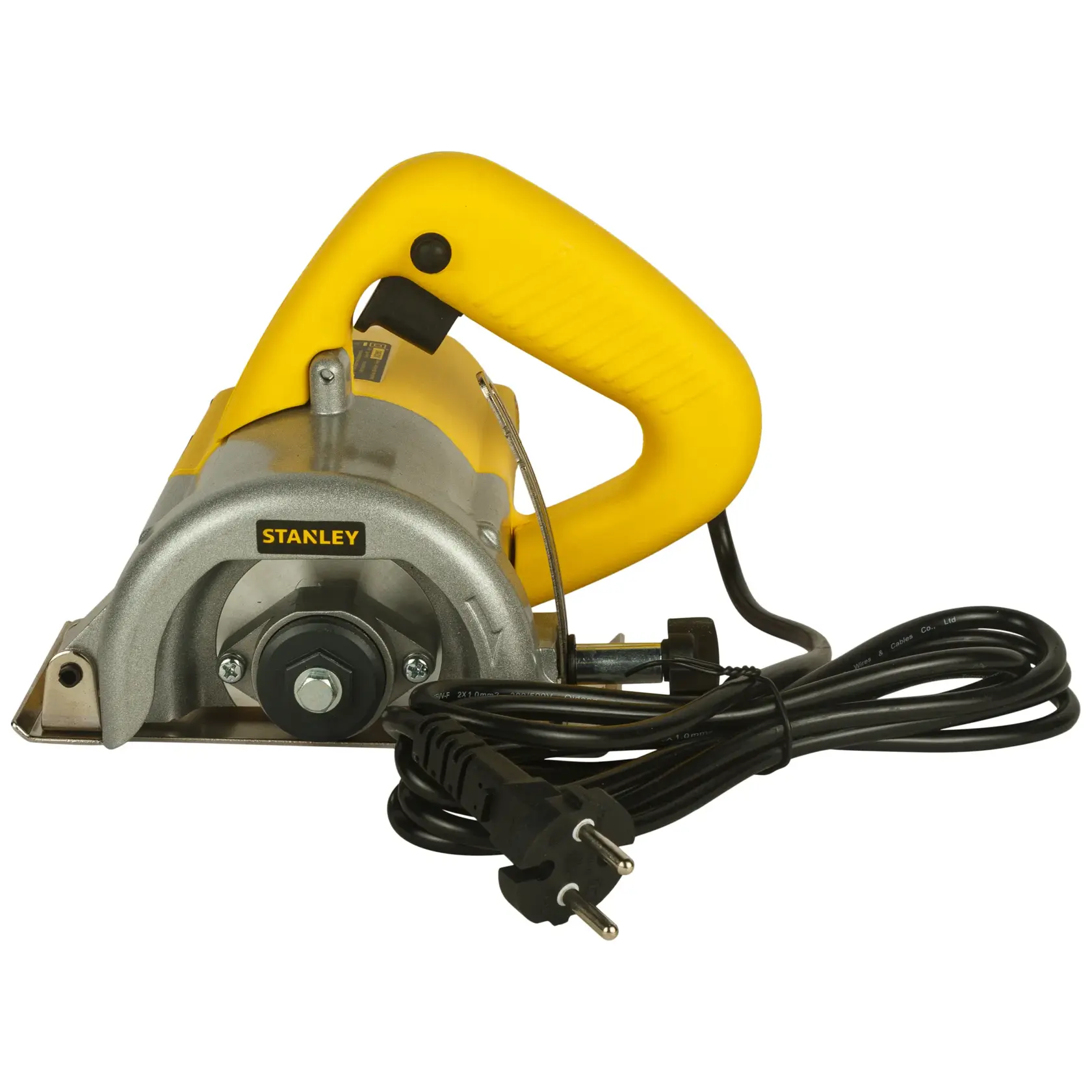 STANLEY STSP110 yellow and silver electric circular saw, front angle, with attached black power cord.