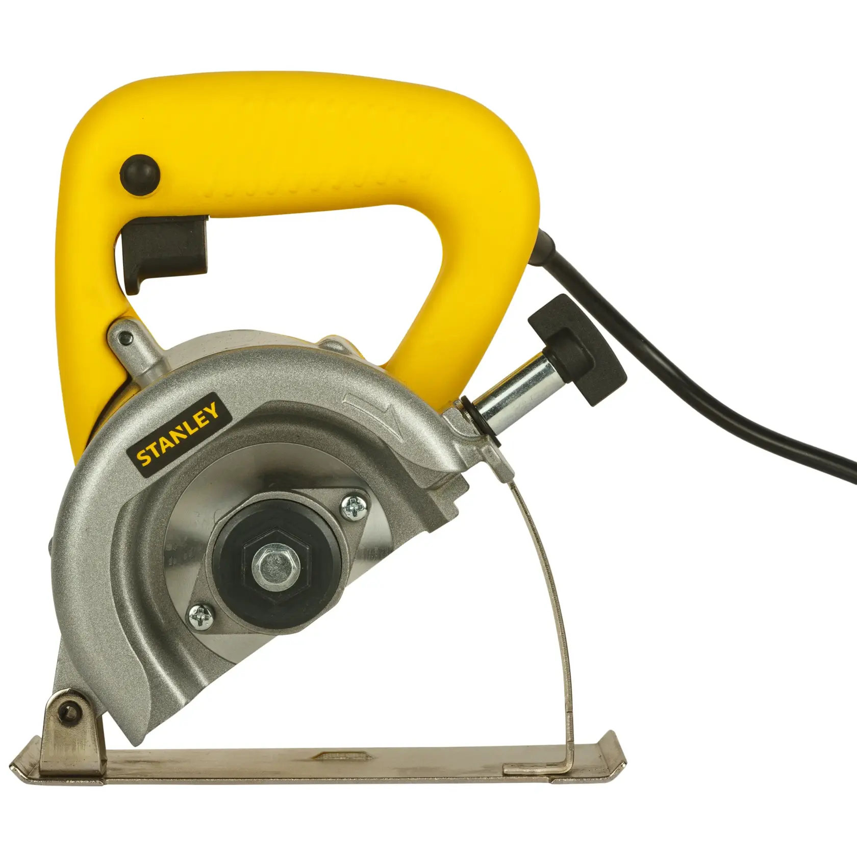 STANLEY STSP110 circular saw side view with yellow handle and silver blade housing, corded design, power tool.