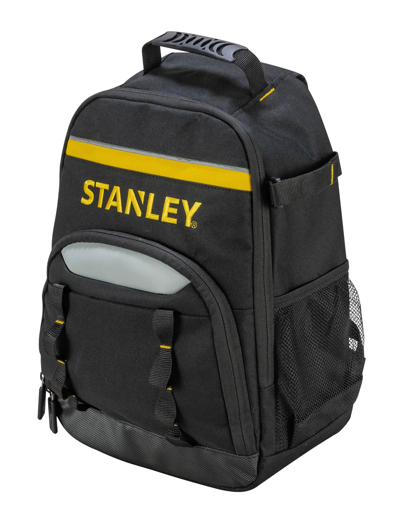 Photo of STANLEY STST1-72335 black tool backpack with yellow accents and multiple pockets, front angle.