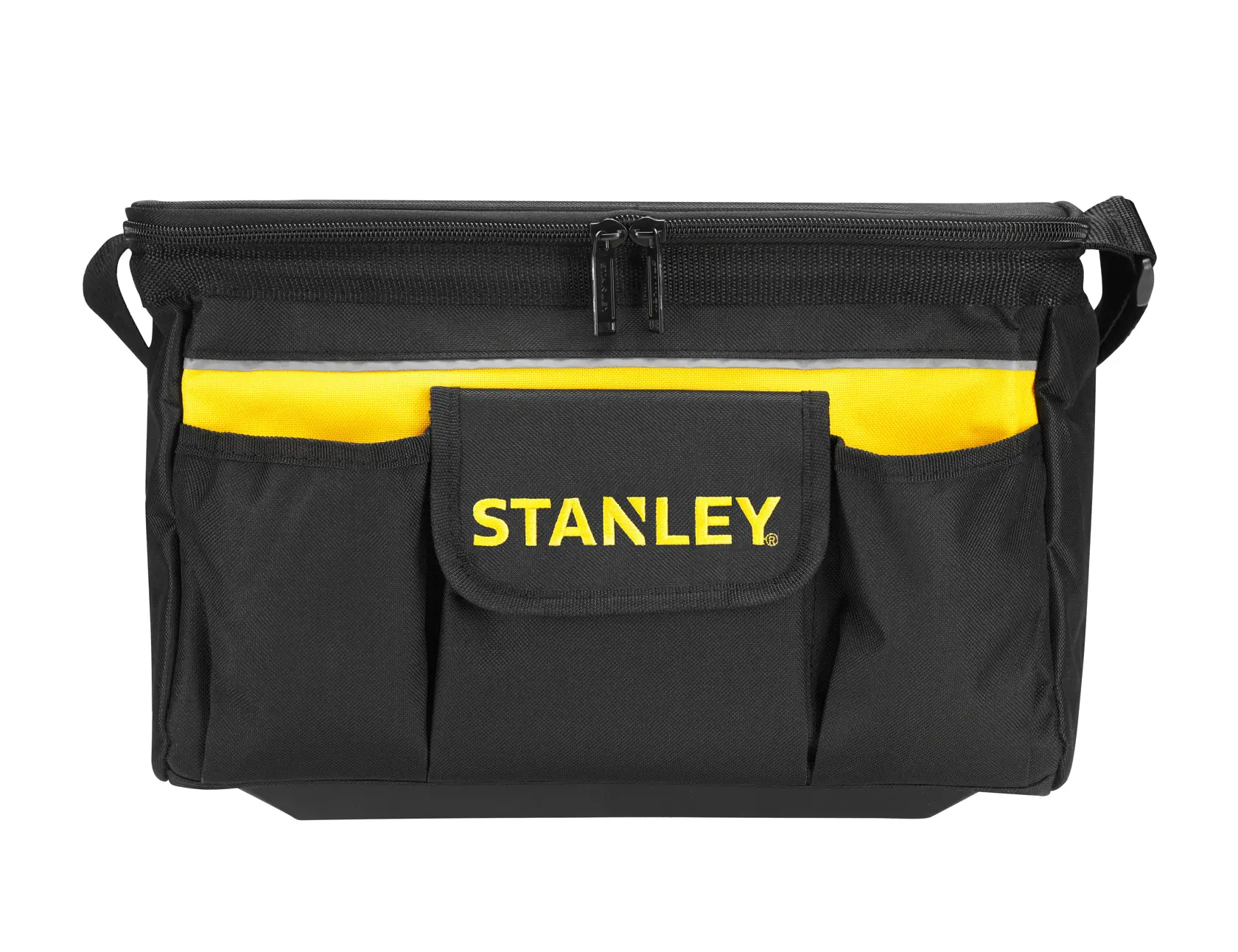 STANLEY STST1-73615 black and yellow tool bag, front view, with zippered top and multiple exterior pockets.