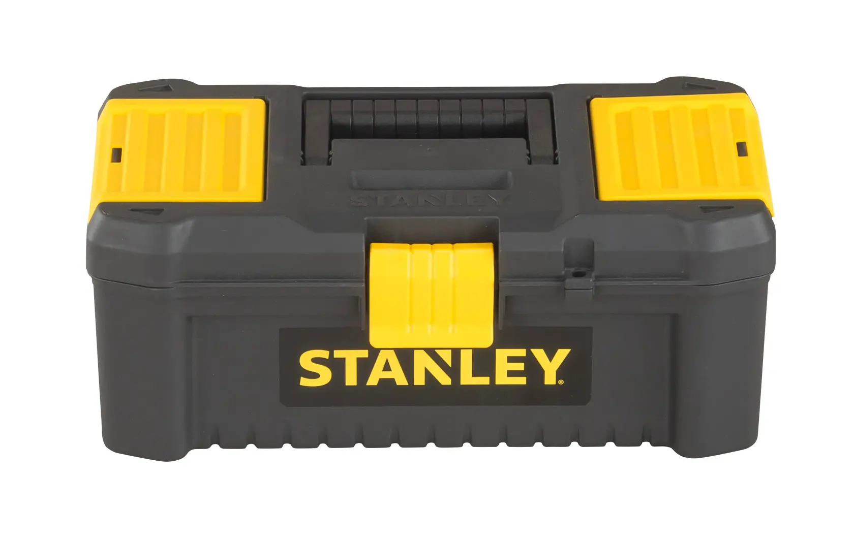 Stanley black and yellow plastic toolbox with handle and secure latch on top.