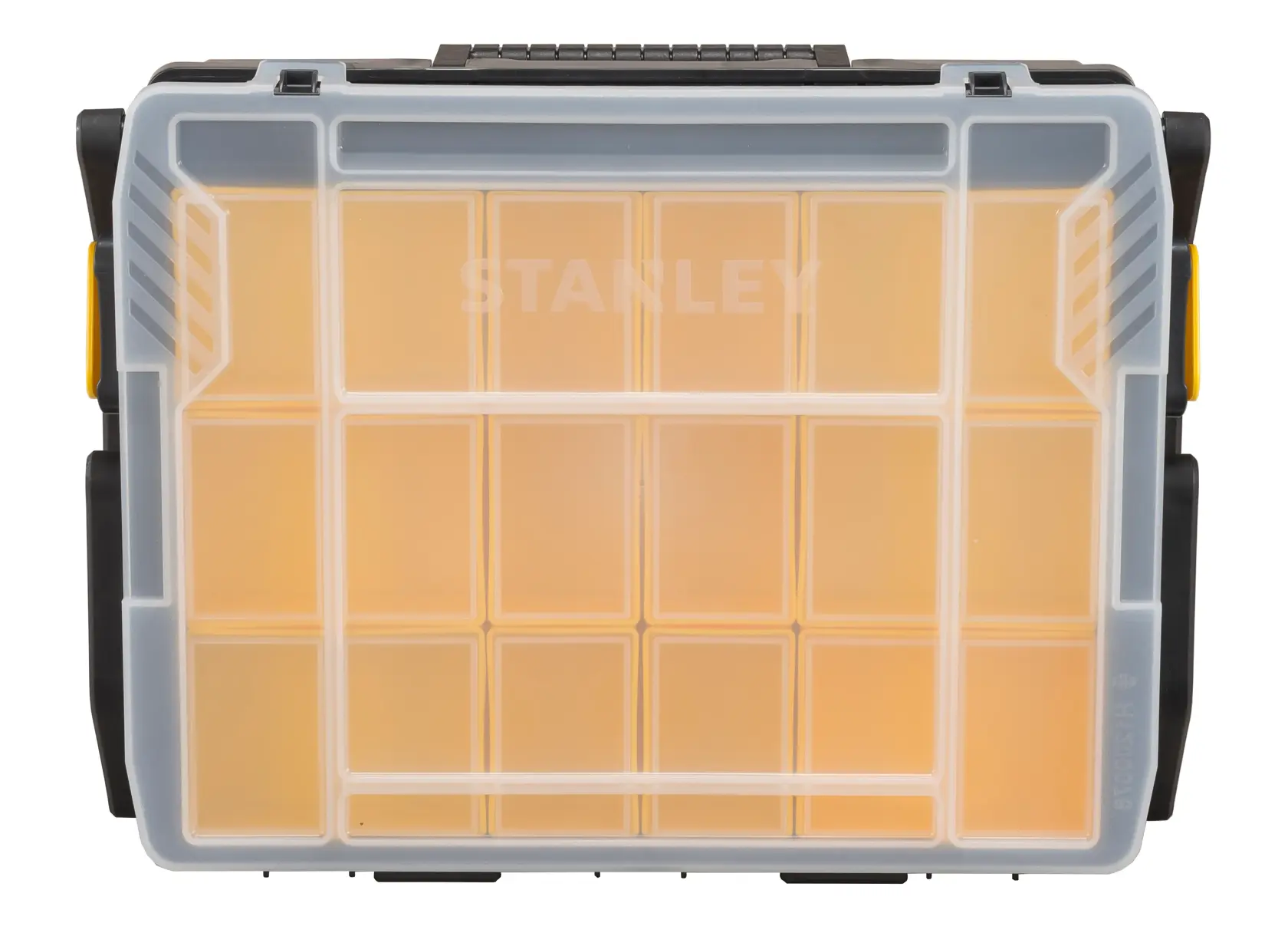 Stanley plastic organizer box with transparent lid and multiple compartments for storage.