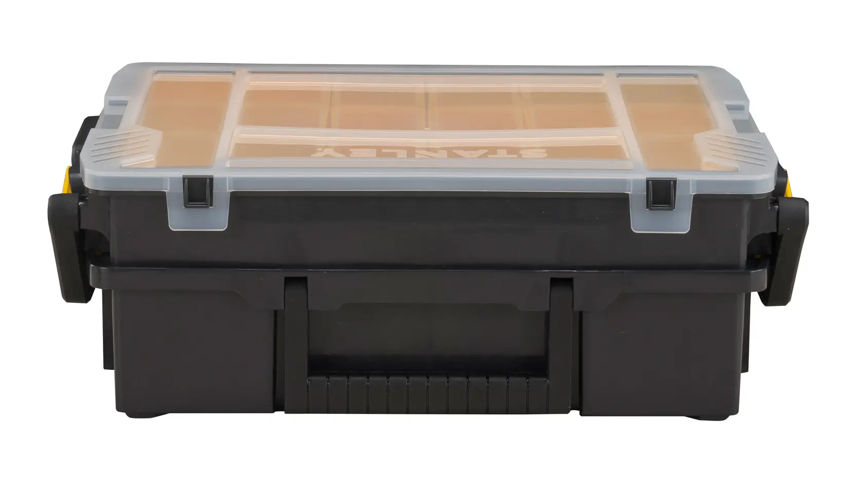 STANLEY STST1-75540 tool organizer box, black body, clear lid, front angle, photography.