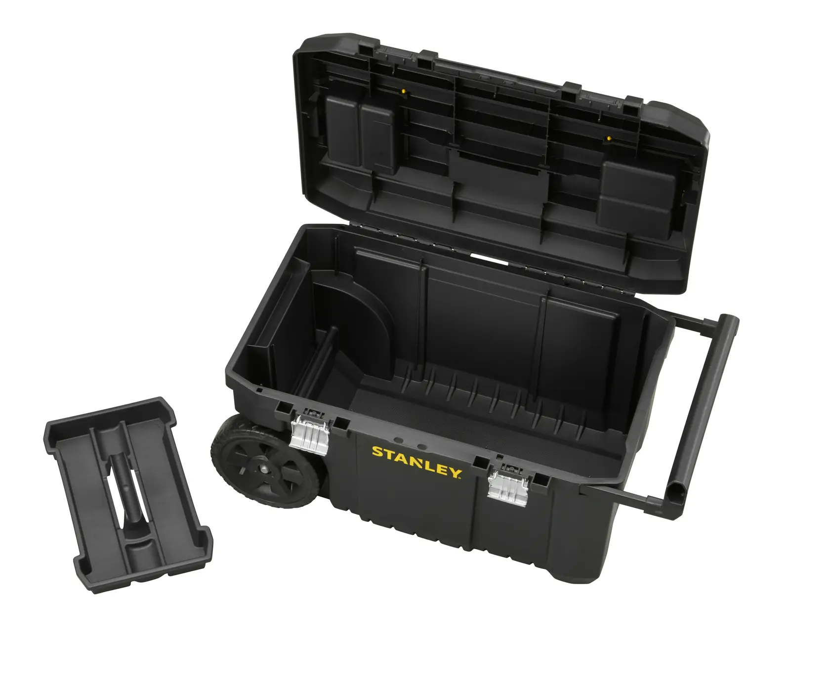 STANLEY STST1-80150 black wheeled toolbox with open lid, removable tray, and metal latches, front angle.