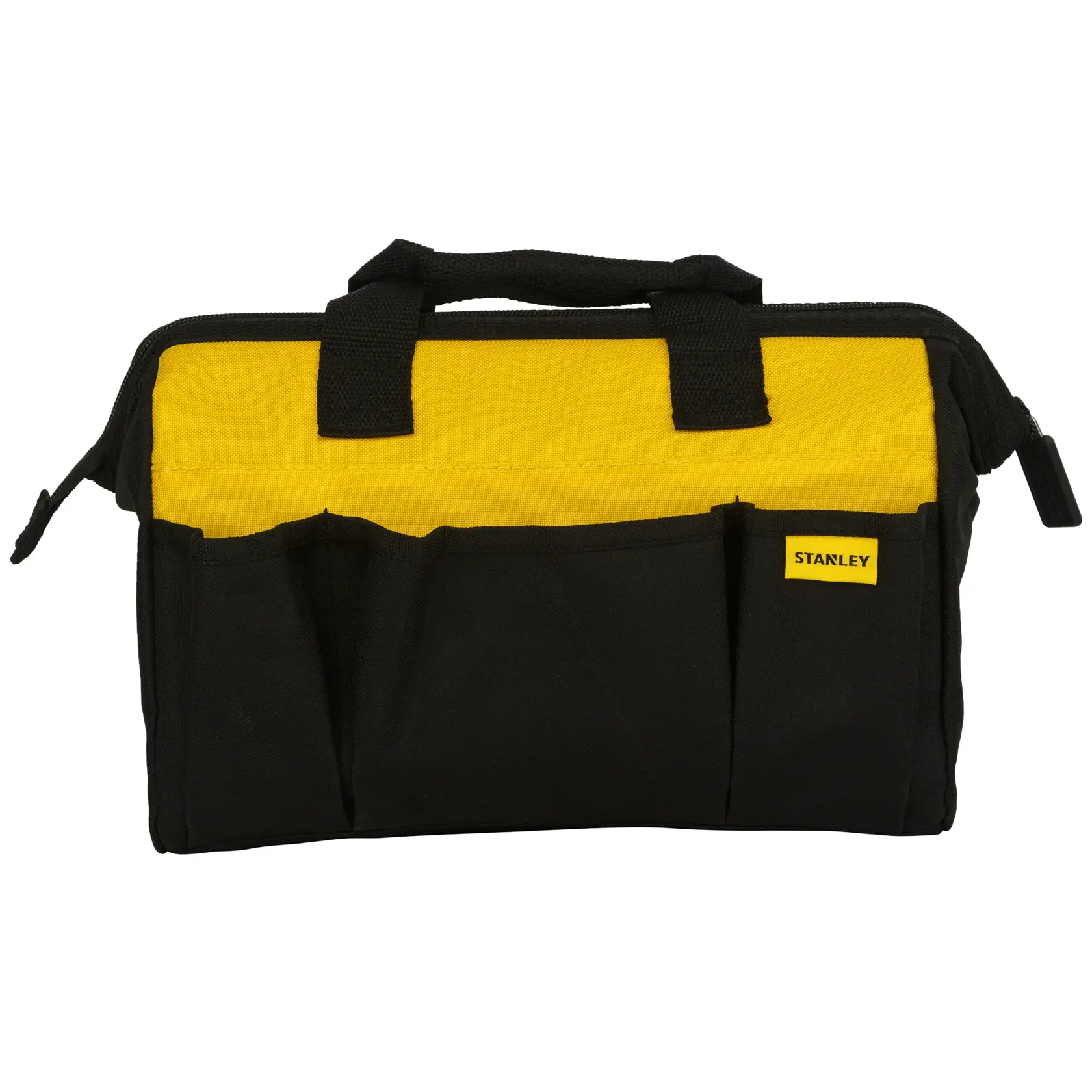 Black and yellow Stanley soft tool bag with handles and exterior pockets, suitable for organizing tools.