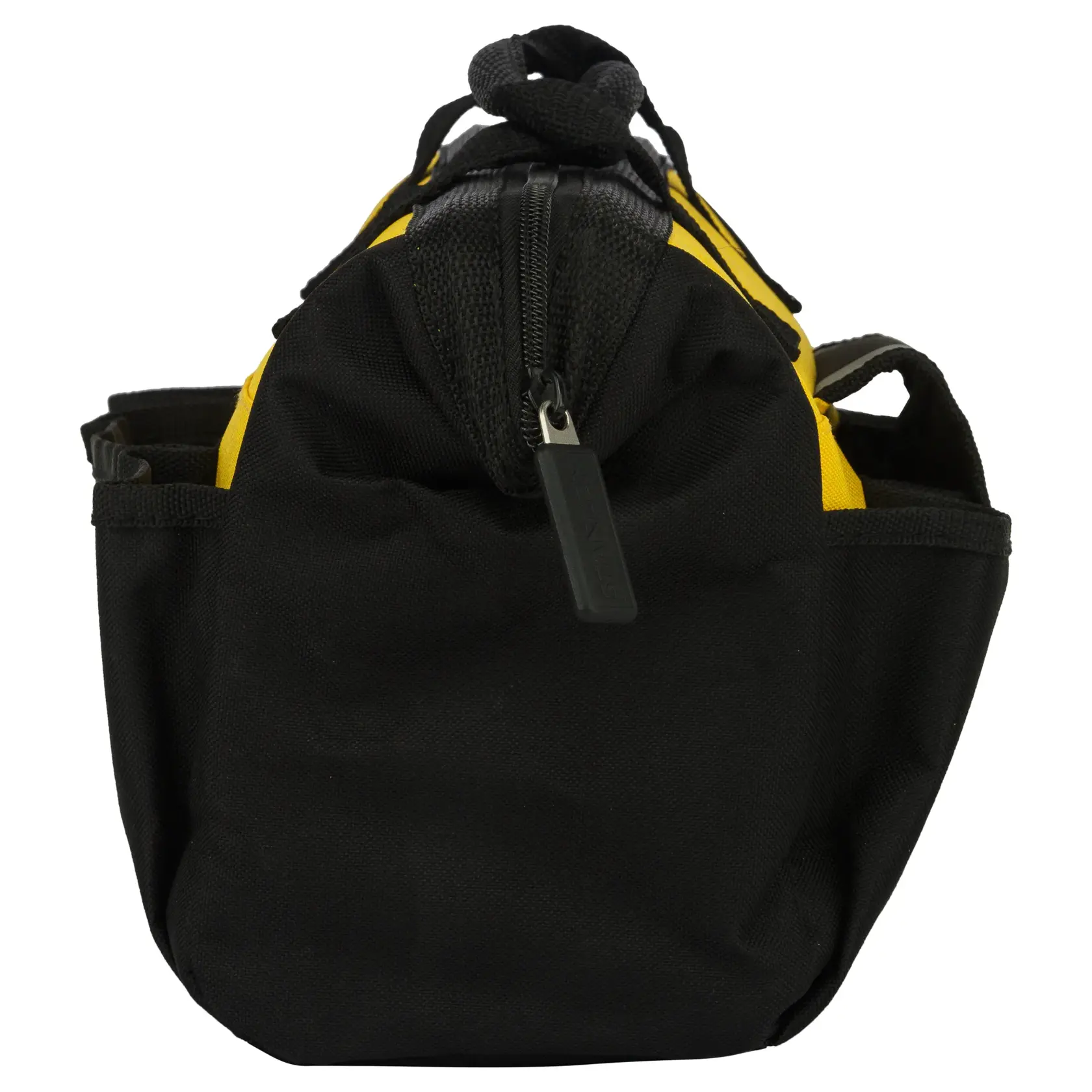 Black and yellow Stanley tool bag with zipper, shown from the front with side pockets visible.