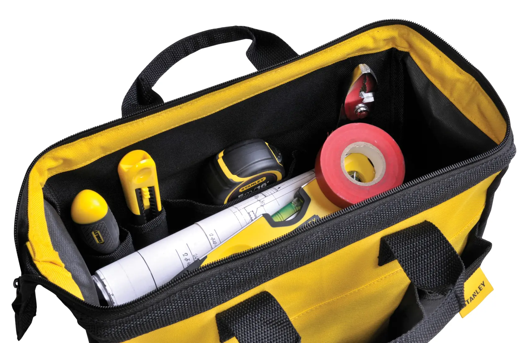 STANLEY STST512114 tool bag top view with yellow and black fabric, containing tools, tape, and rolled plans.