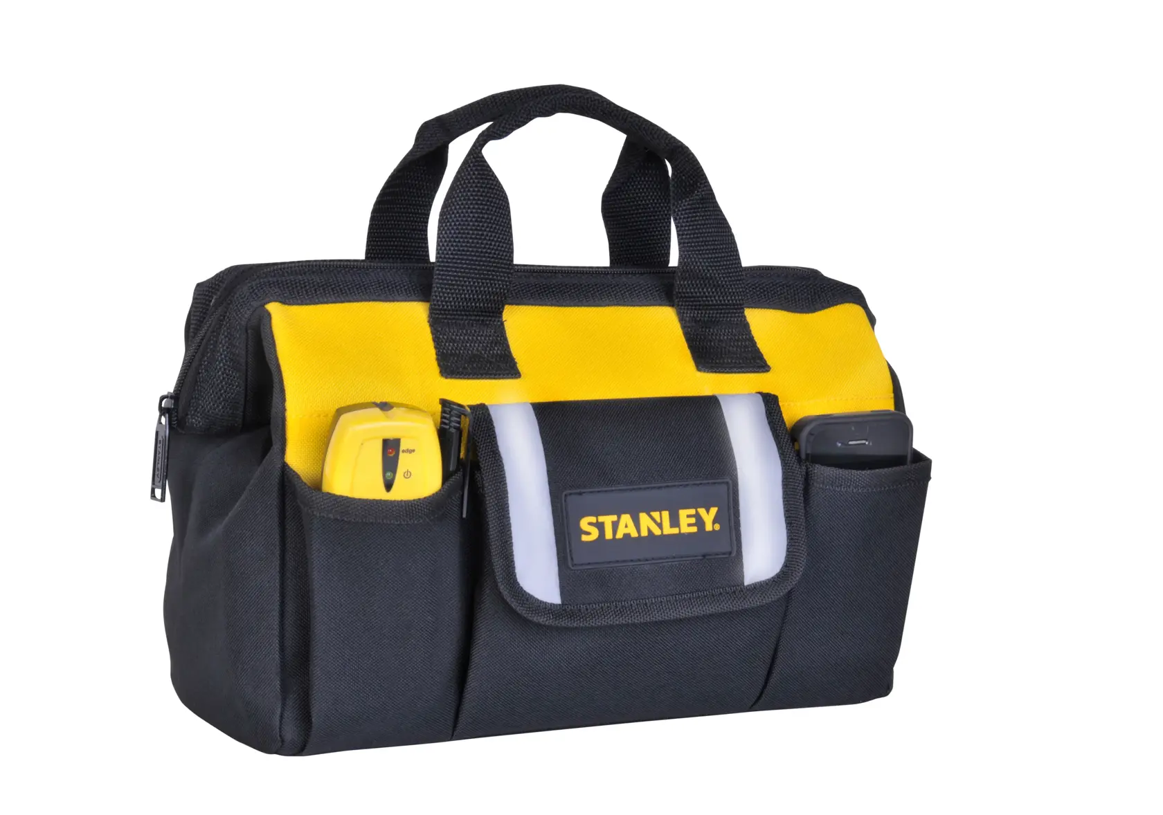 STANLEY STST512114 tool bag, black and yellow fabric, front angle, with exterior pockets and dual handles.