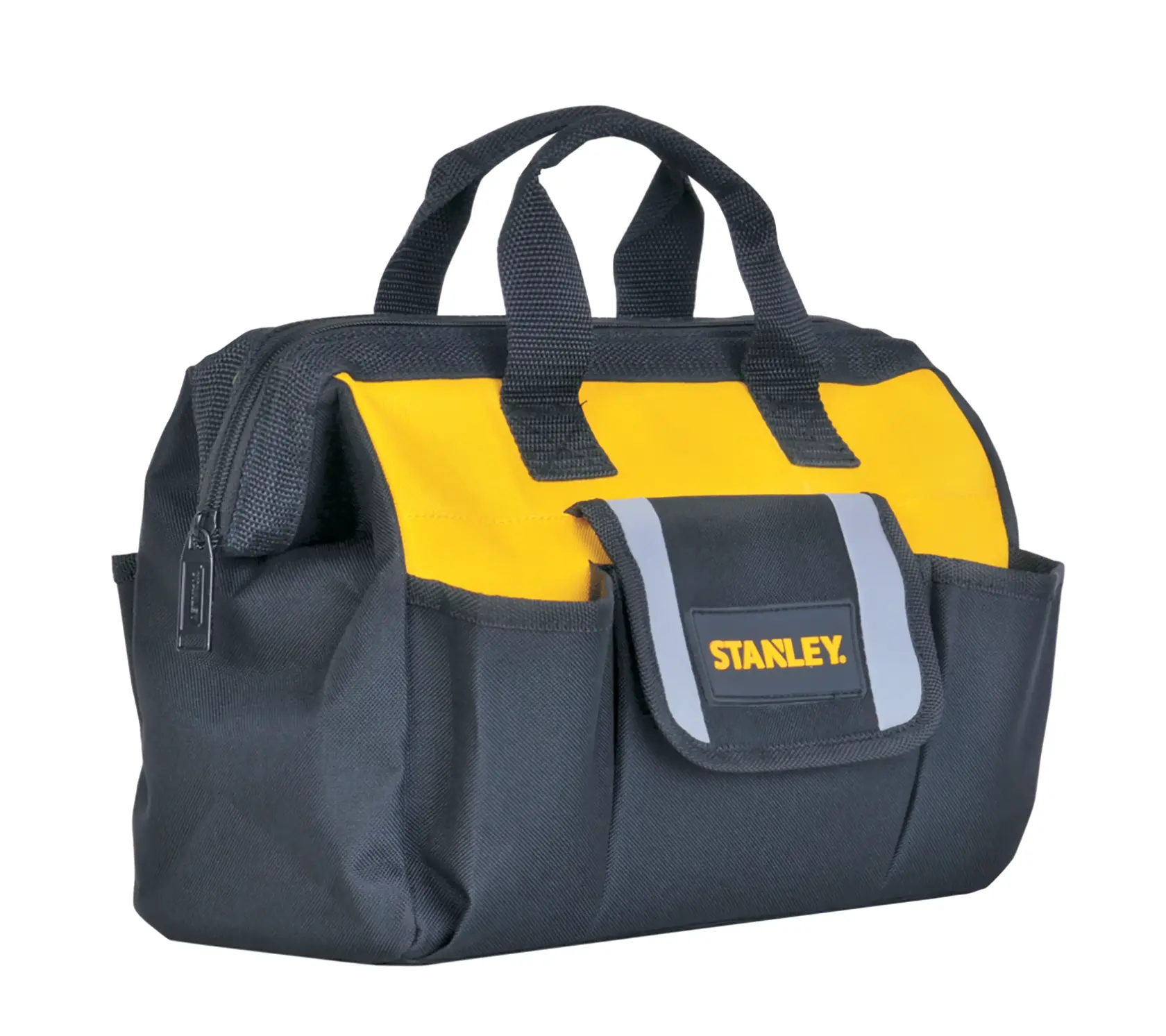 STANLEY STST512114 tool bag, black and yellow, front angle, with handles and exterior pocket.