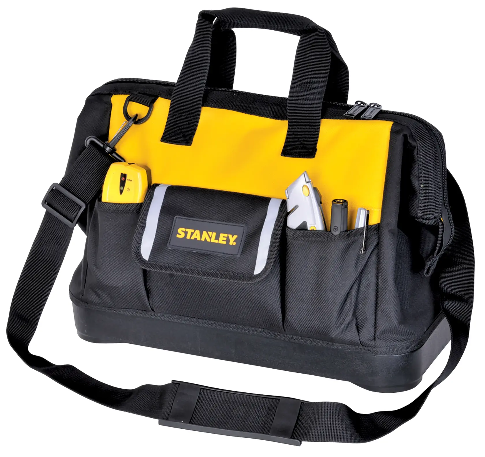 STANLEY STST516126 tool bag with shoulder strap, front angle, black and yellow, with tools in exterior pockets.