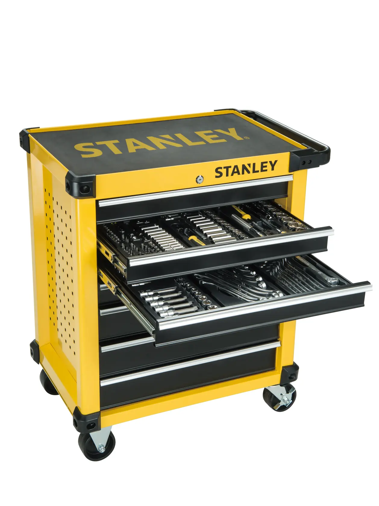 Photo of STANLEY STST74306-8 yellow tool chest with open drawers showing assorted tools, front angle.