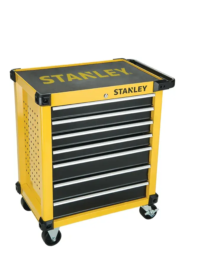 STANLEY STST74306-8 yellow and black rolling tool chest with six drawers, front angle, white background.