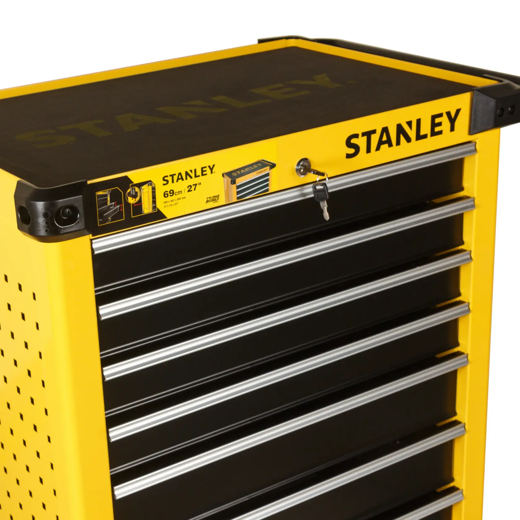 Stanley yellow tool chest with multiple drawers and lock, 69 cm wide, sturdy metal design.