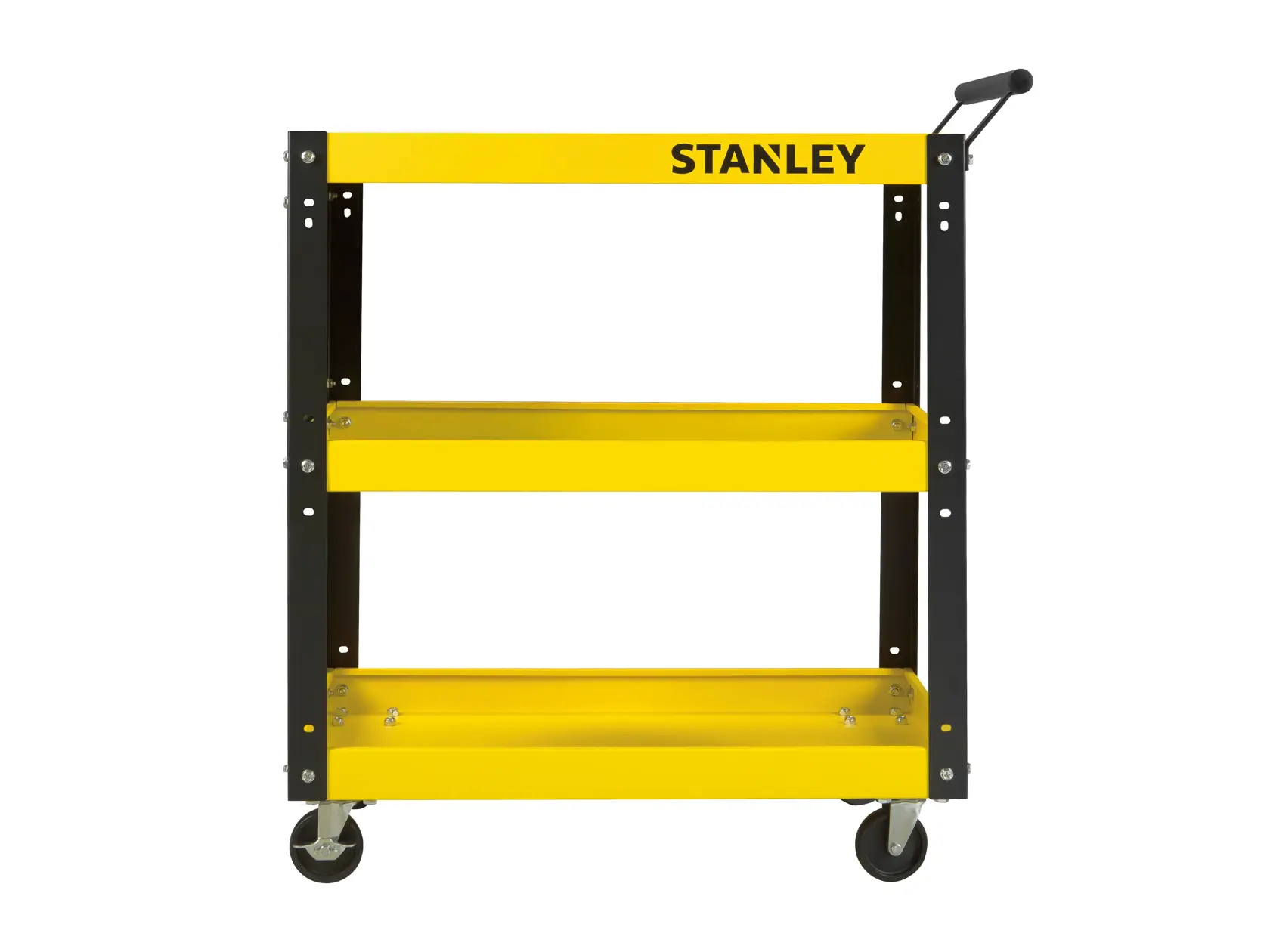 STANLEY STST74321-8 yellow three-tier utility cart, side angle, with wheels and handle.