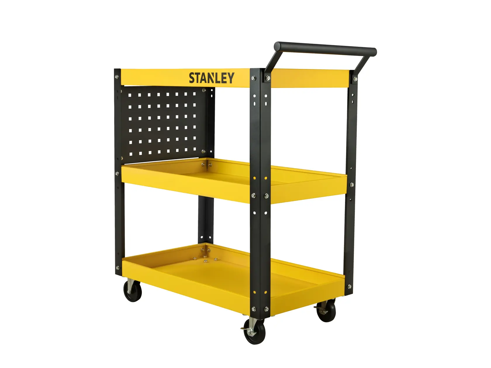 STANLEY STST74321-8 yellow and black three-tier rolling utility cart, side angle, white background.