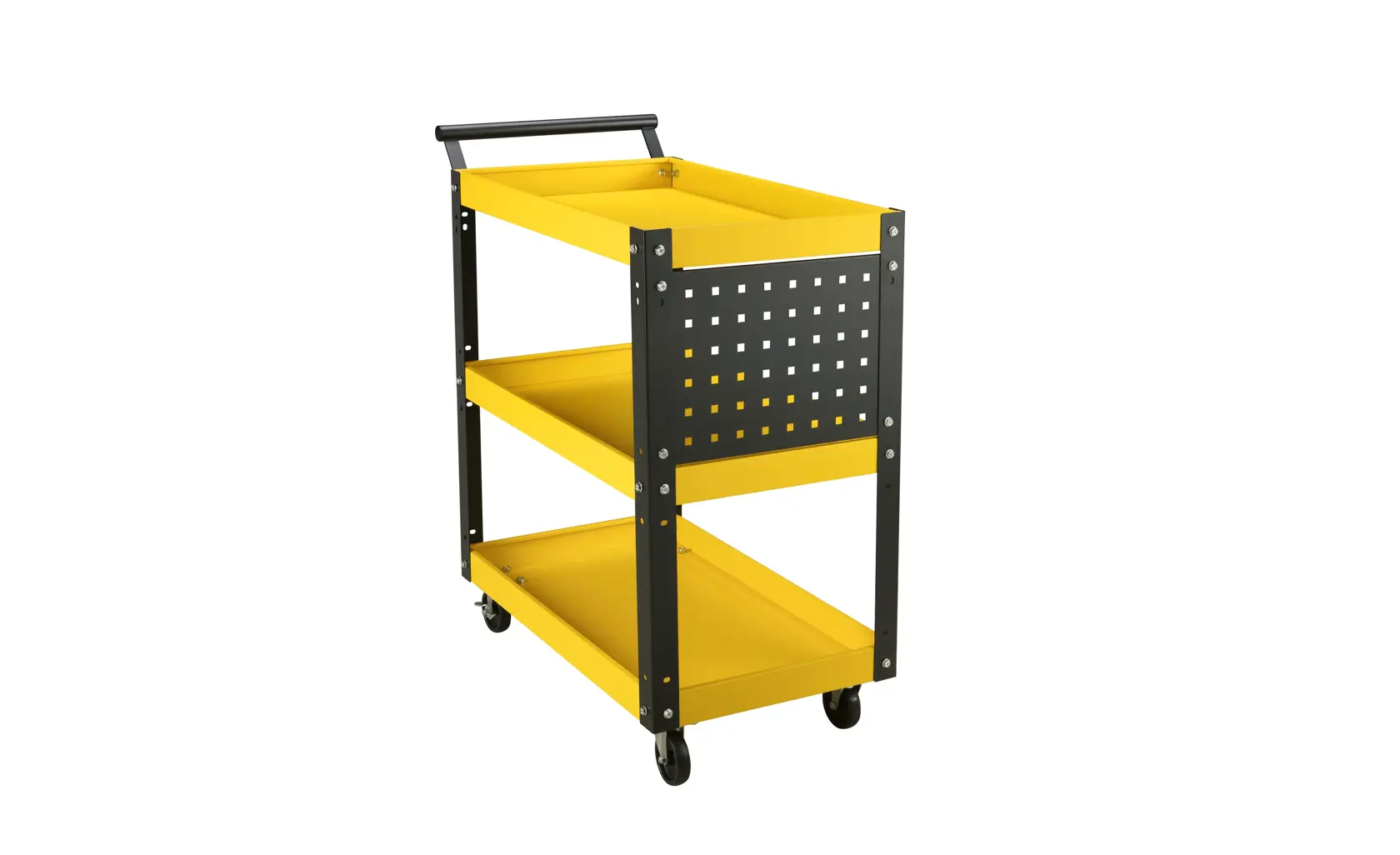 STANLEY STST74321-8 yellow and black three-tier rolling tool cart, front angle, white background.