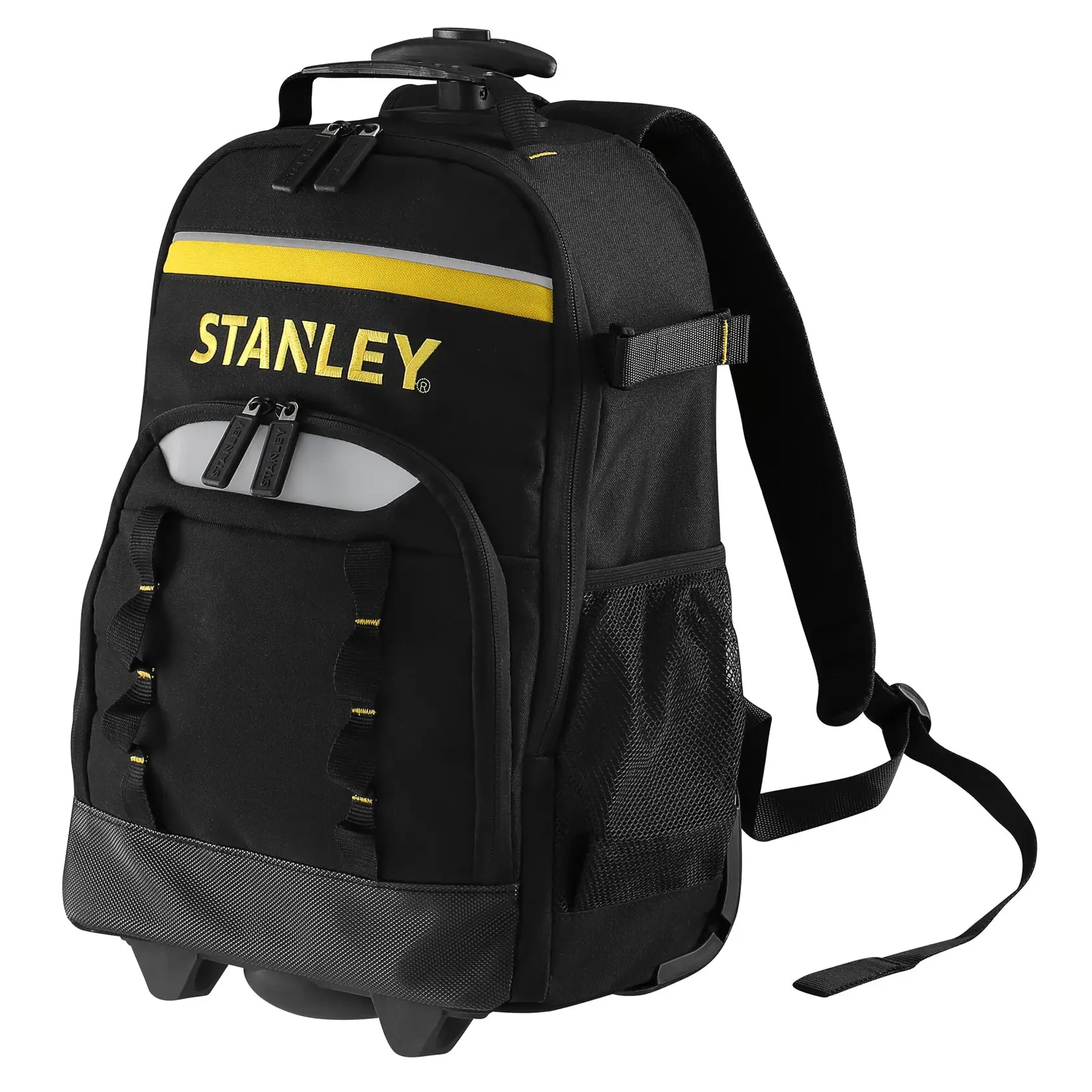 STANLEY STST83307-1 black rolling backpack with yellow accents, front view, tool storage category