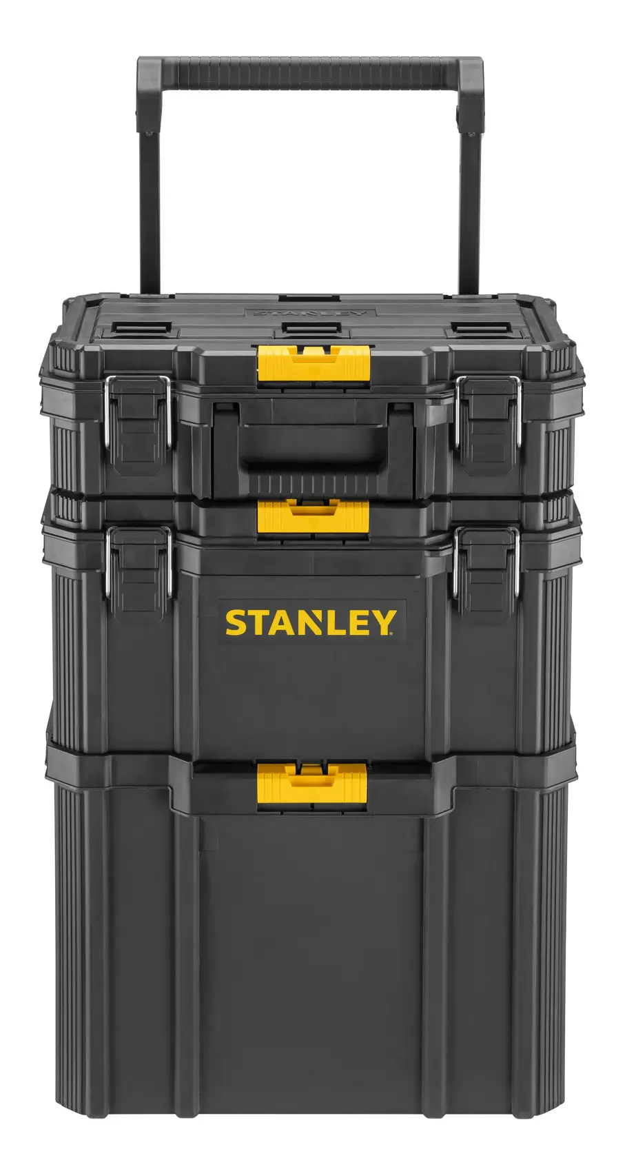 STANLEY STST83319-1 black stackable rolling tool chest, front angle, yellow latches, photography.